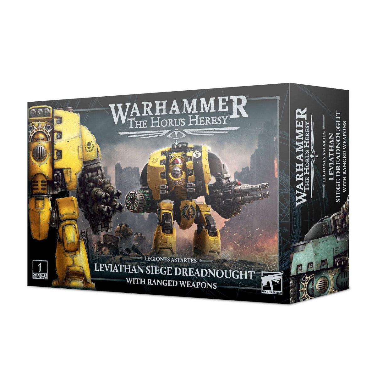 Games Workshop Leviathan Siege Dreadnought with ranged weapons for dramatic tabletop battles, highly poseable and customizable.