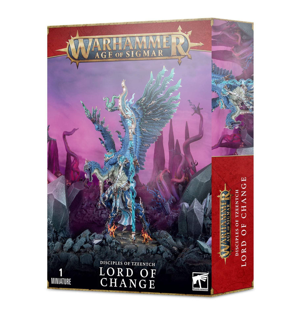 Games Workshop Lord of Change miniature in a dramatic hero shot, ideal for painting and tabletop battles.