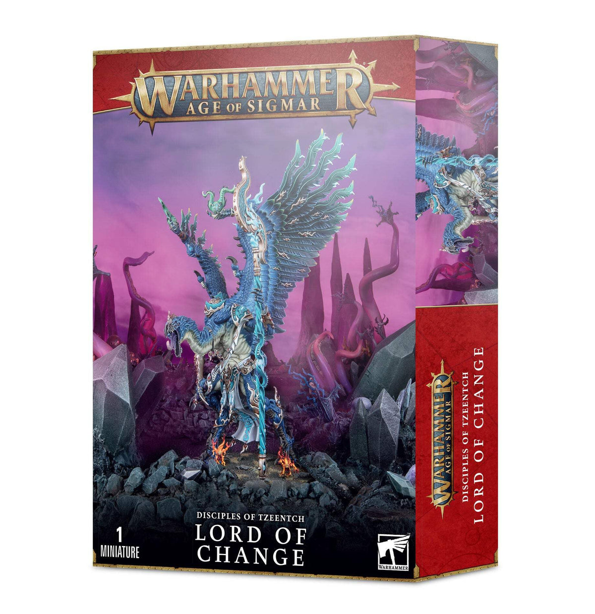 Games Workshop Lord of Change miniature in a dramatic hero shot, ideal for painting and tabletop battles.