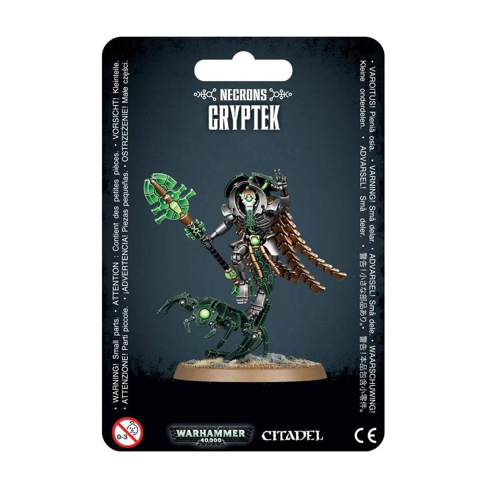 Games Workshop Necron Cryptek with staff of light on 50mm base, ideal for assembly and painting.