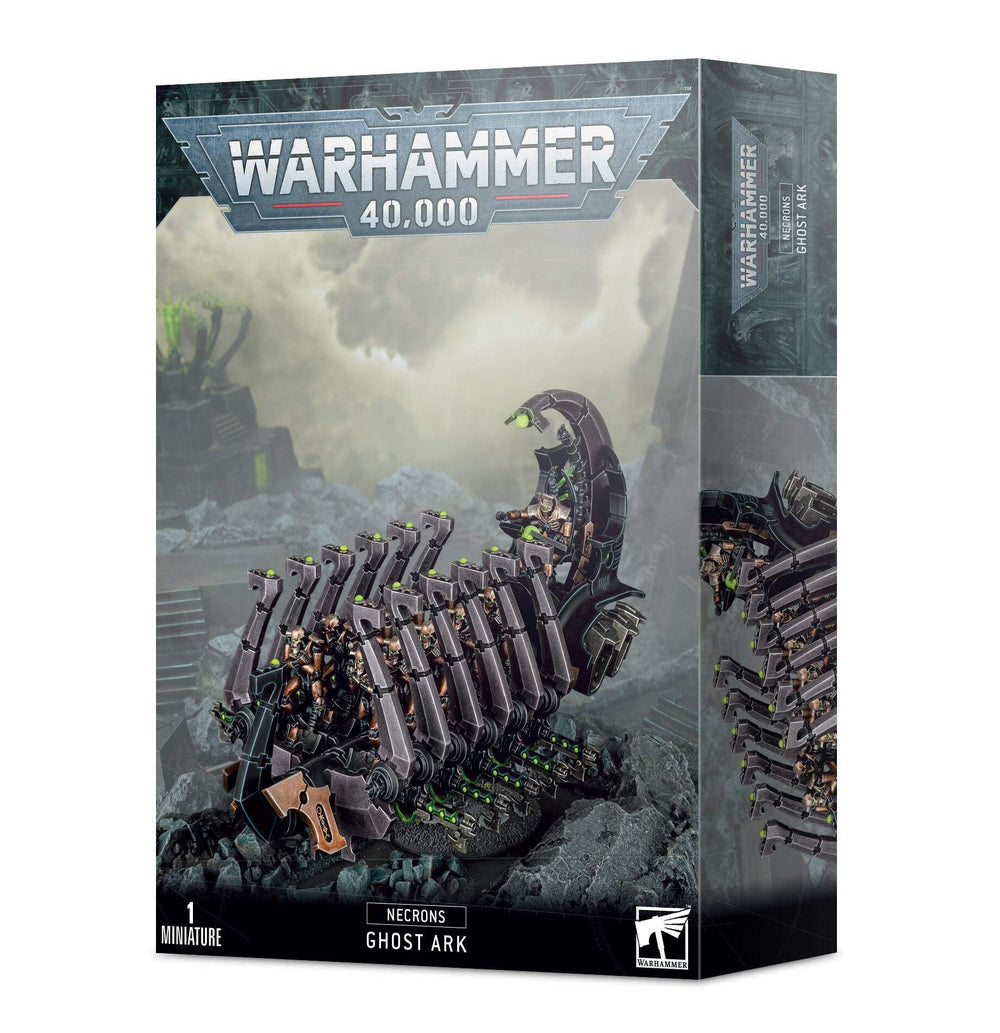 Games Workshop Necron Ghost Ark pose highlights detailed miniature for tabletop battles.