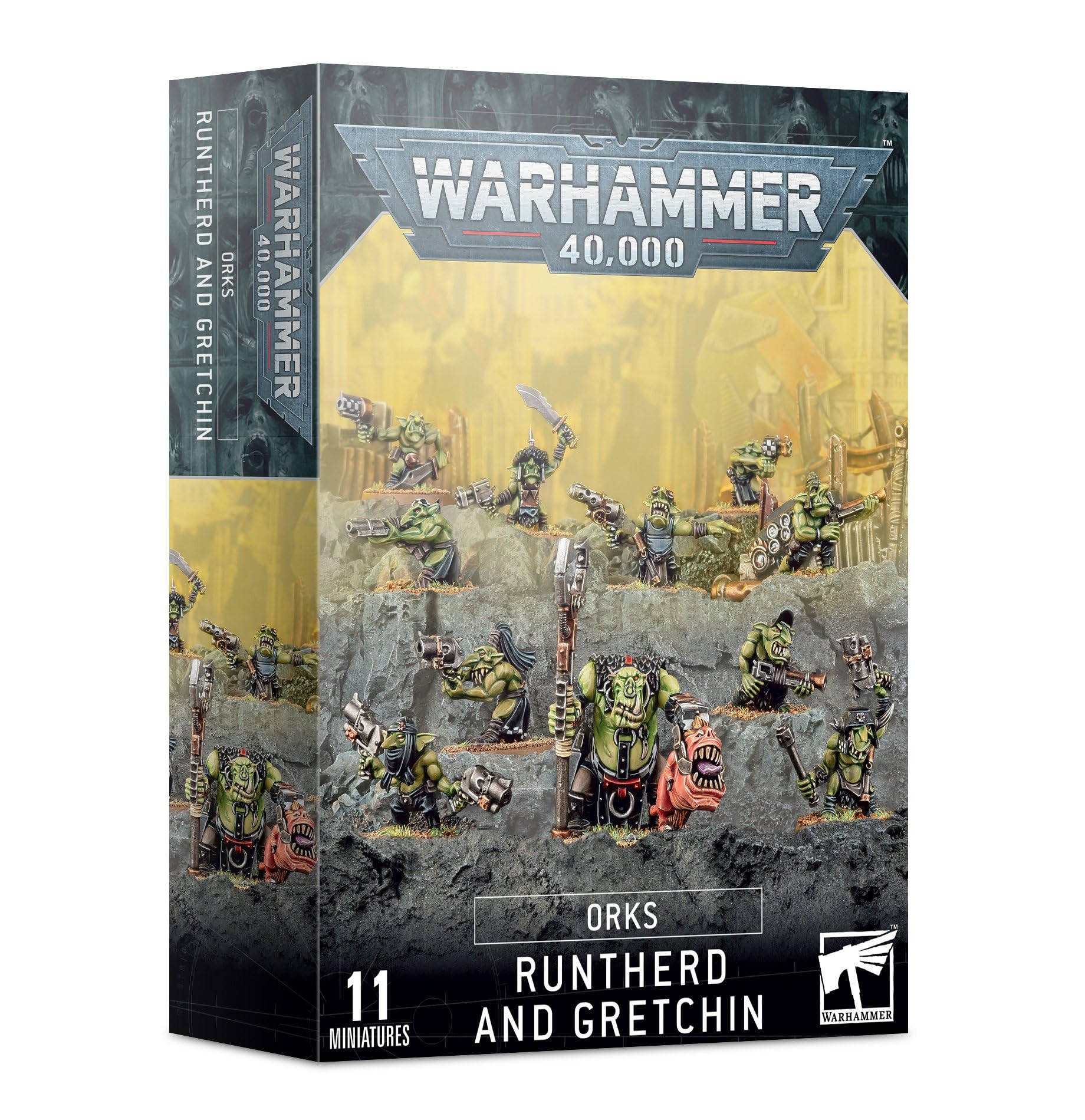 Games Workshop Ork Gretchin plastic box front showing varied miniatures for easy assembly.