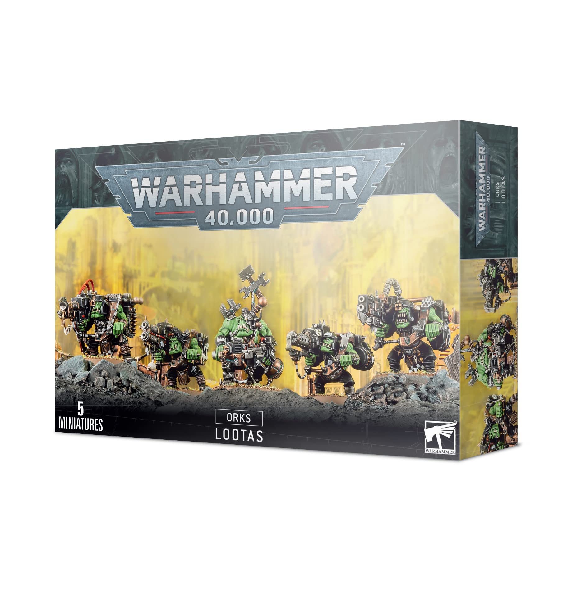 Games Workshop Warhammer 40k Ork Lootas figure, front view, ideal for painting and display.
