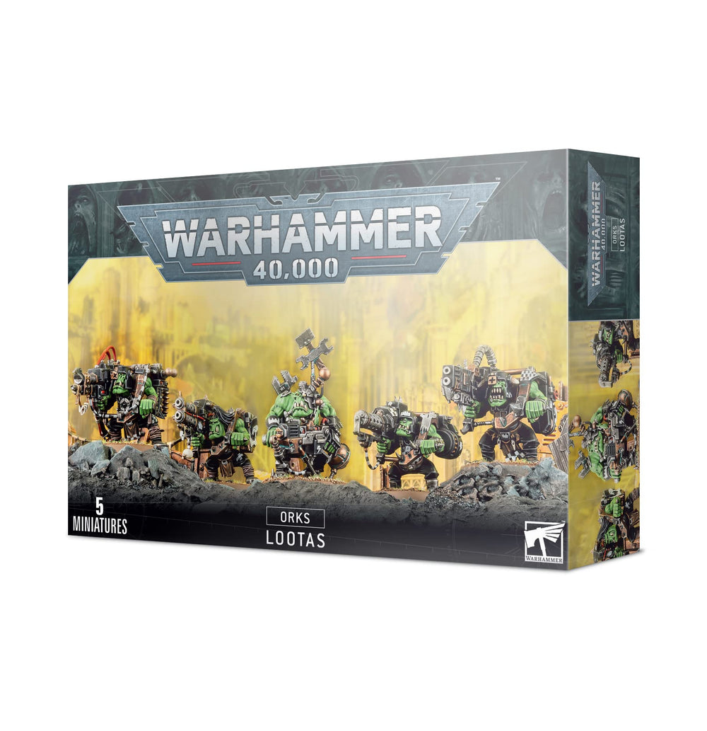 Games Workshop Warhammer 40k Ork Lootas figure, front view, ideal for painting and display.