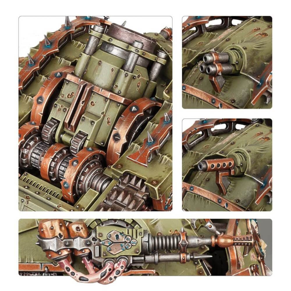 Games Workshop Plagueburst Crawler dozer blade close-up features the Nurgle emblem