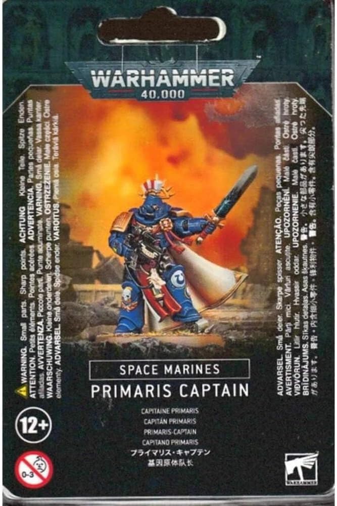 Games Workshop Primaris Captain detailed armor and cape for immersive display and painting.