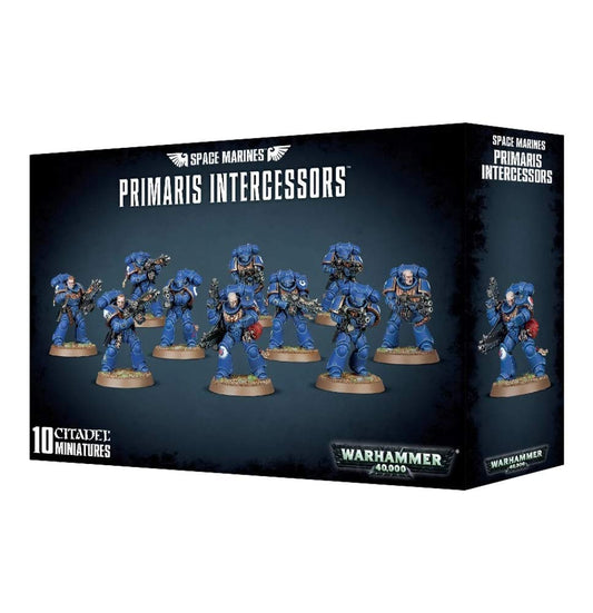Games Workshop Primaris Intercessors kit showing multi-part components for ten miniatures for tabletop battles