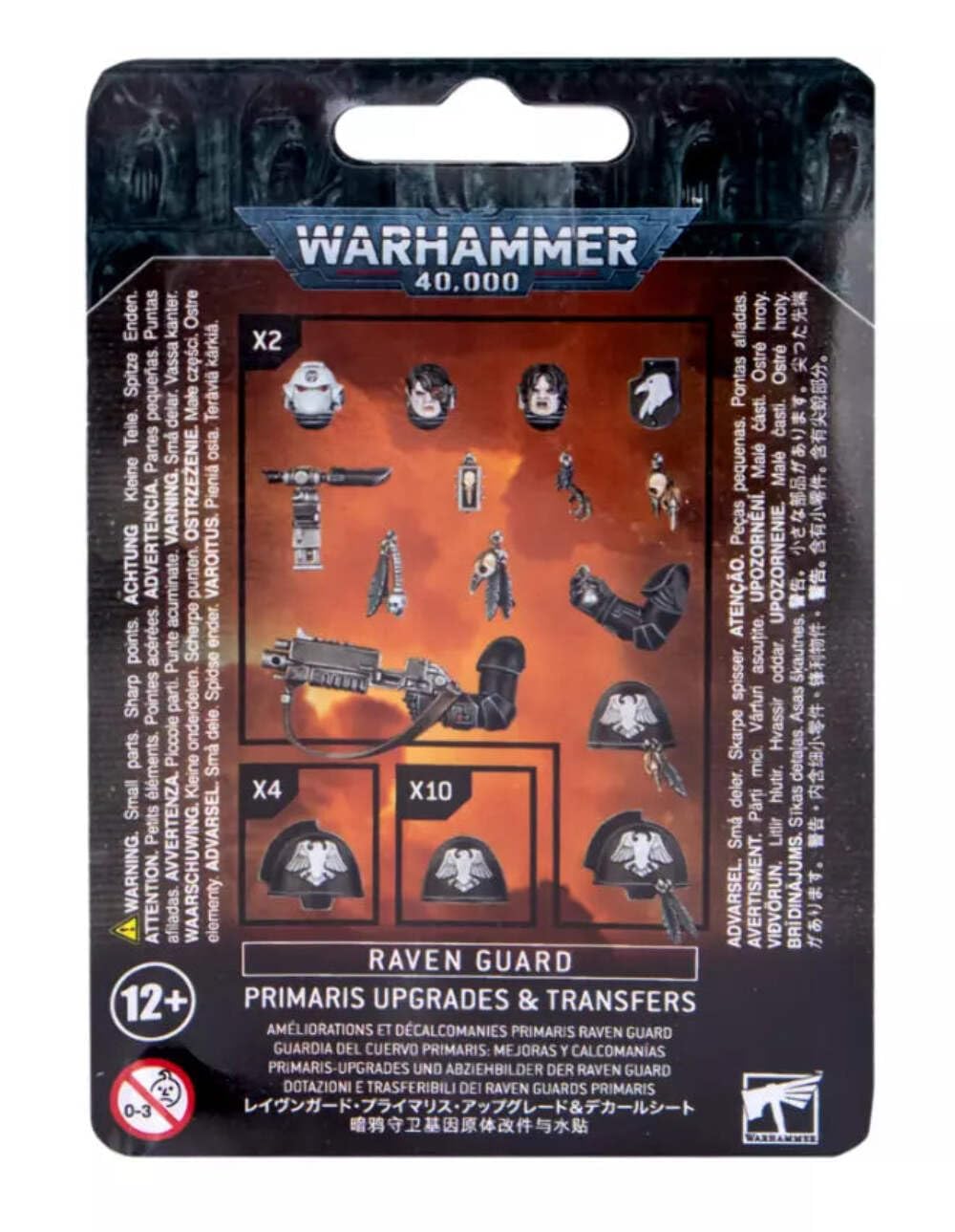 Games Workshop Raven Guard primaris upgrades transfer sheet showing chapter icons for enhanced army customization.