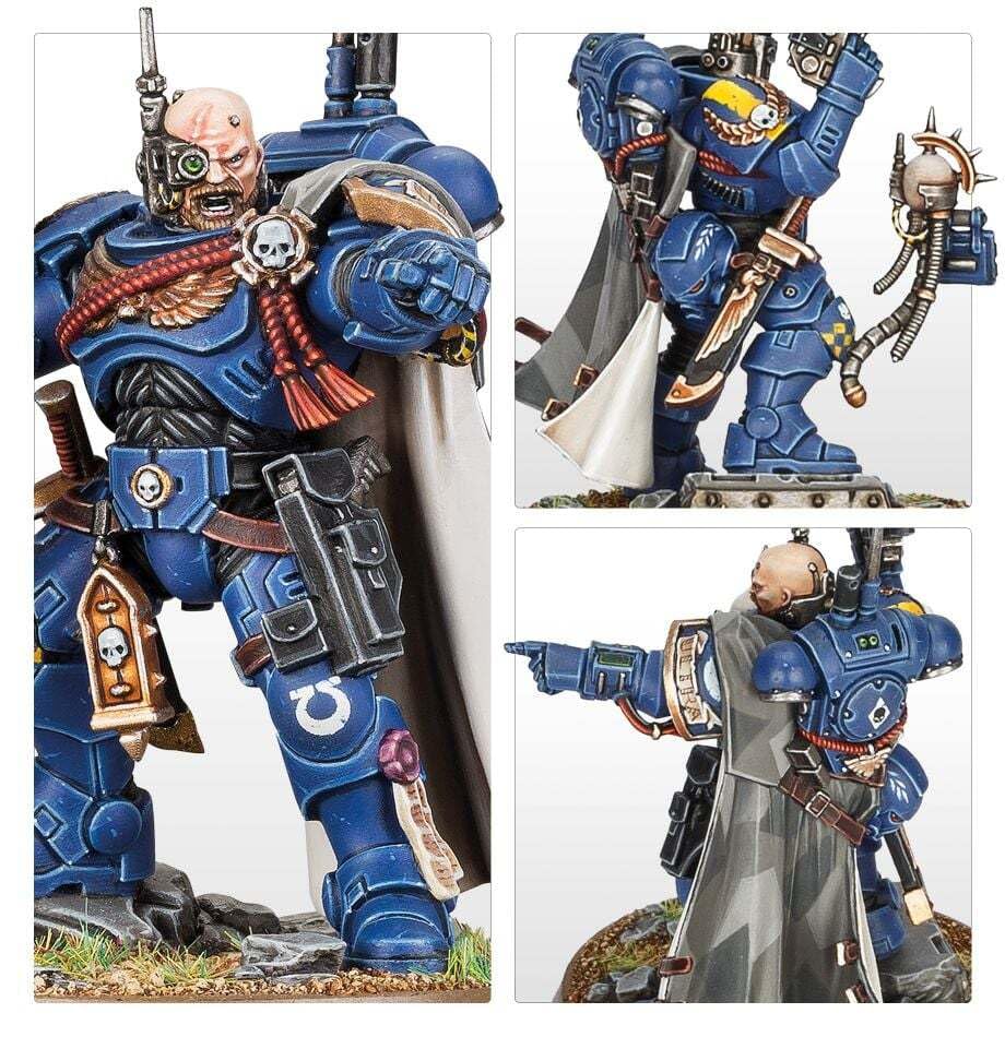 Games Workshop Space Marine Captain in Phobos Armour displaying aura ability to support nearby units.