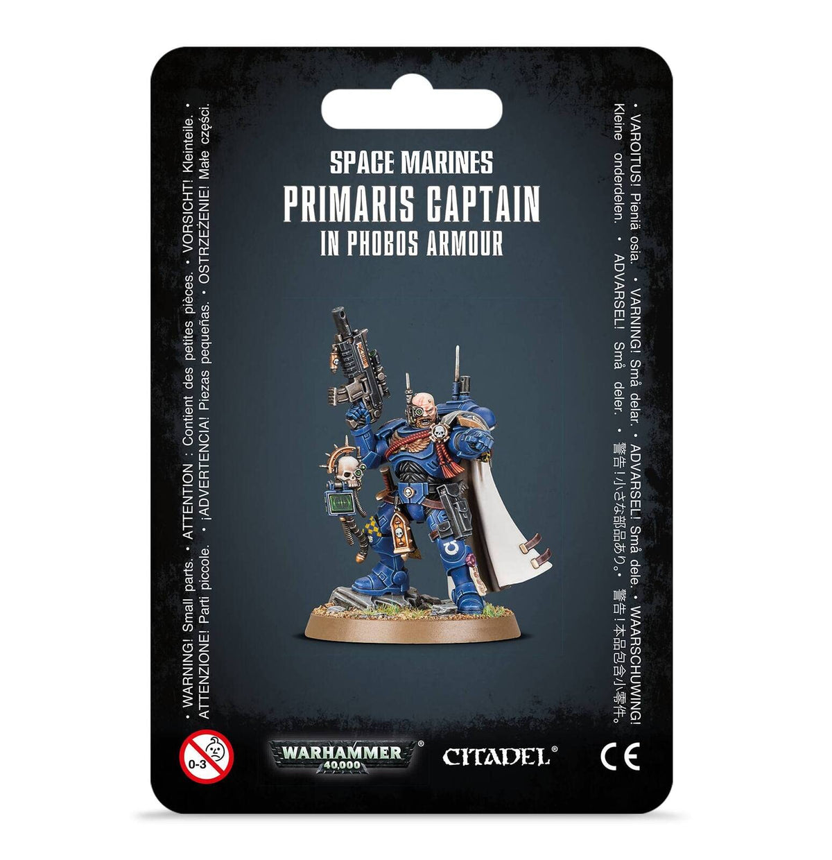 Games Workshop Space Marine Captain in Phobos Armour standing with bolt carbine for tactical presence.