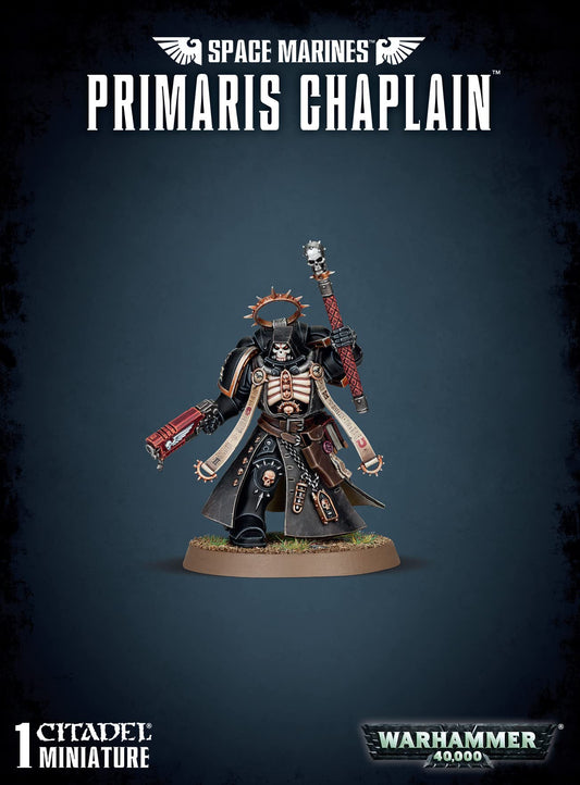 Games Workshop Space Marine Primaris Chapelain model front view, ideal for display and painting.
