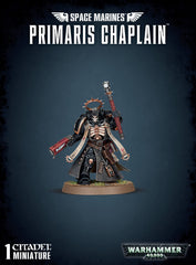 Games Workshop Space Marine Primaris Chapelain model front view, ideal for display and painting.