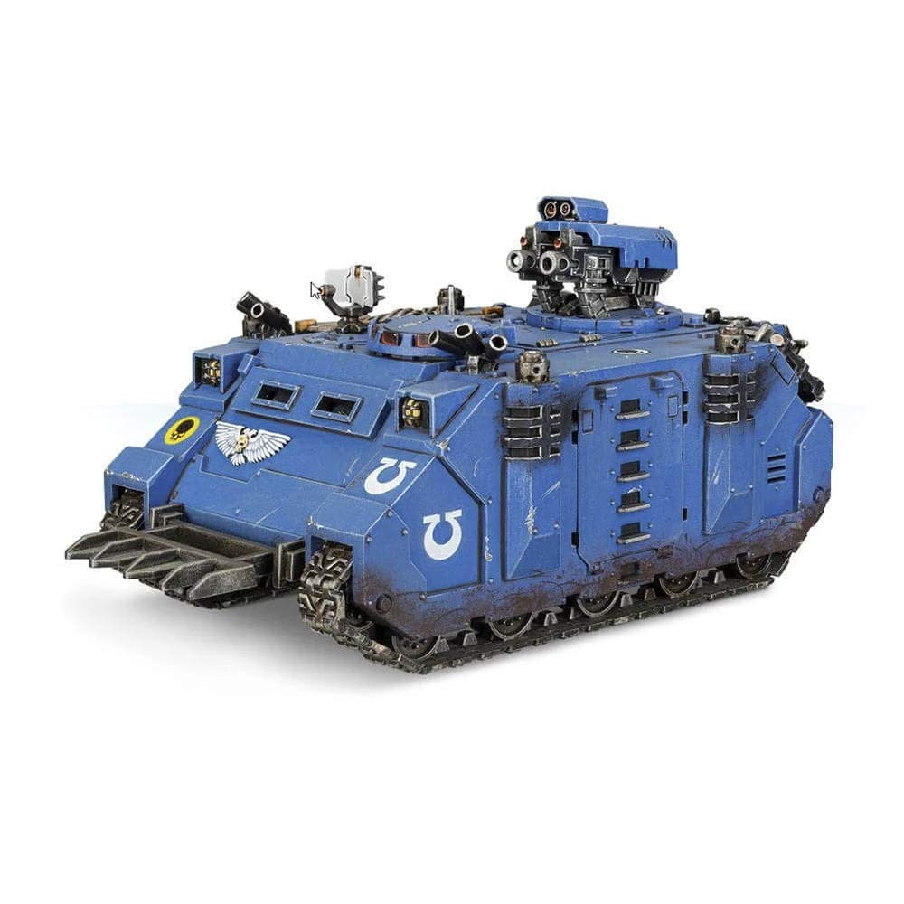 Games Workshop Space Marine Razorback front view, armored profile for tabletop battles.