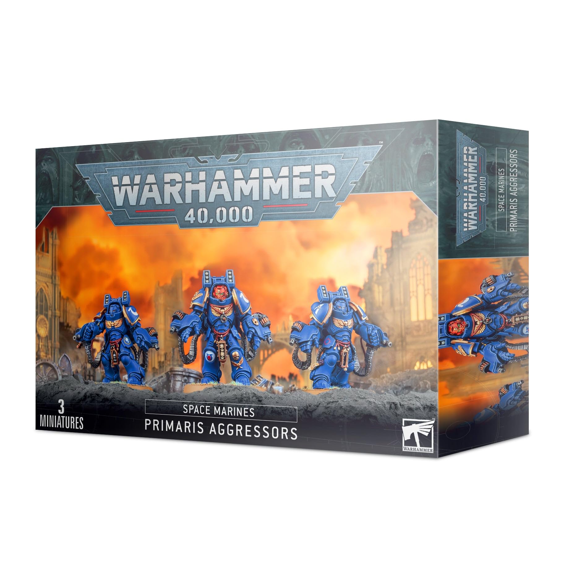 Games Workshop Space Marines Primaris Aggressors miniature kit with heavy armor for tabletop battles.