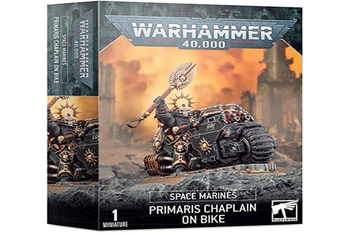 Games Workshop Space Marines Primaris Chaplain on Bike miniature, ideal for tabletop battles and display