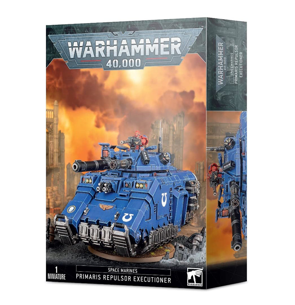 Games Workshop Space Marines Primaris Repulsor Executioner on hover stand for dramatic tabletop display