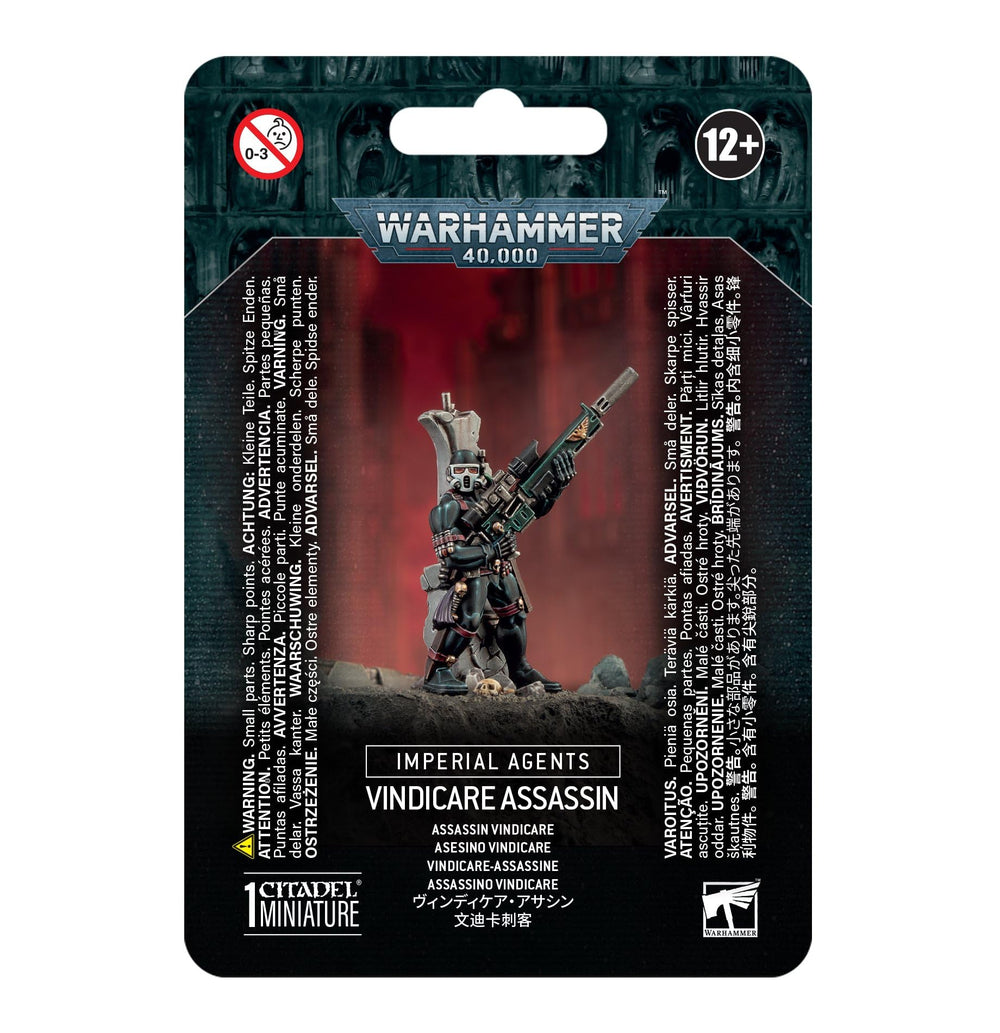 Games Workshop Vindicare Assassin front view for tabletop display and painting reference.
