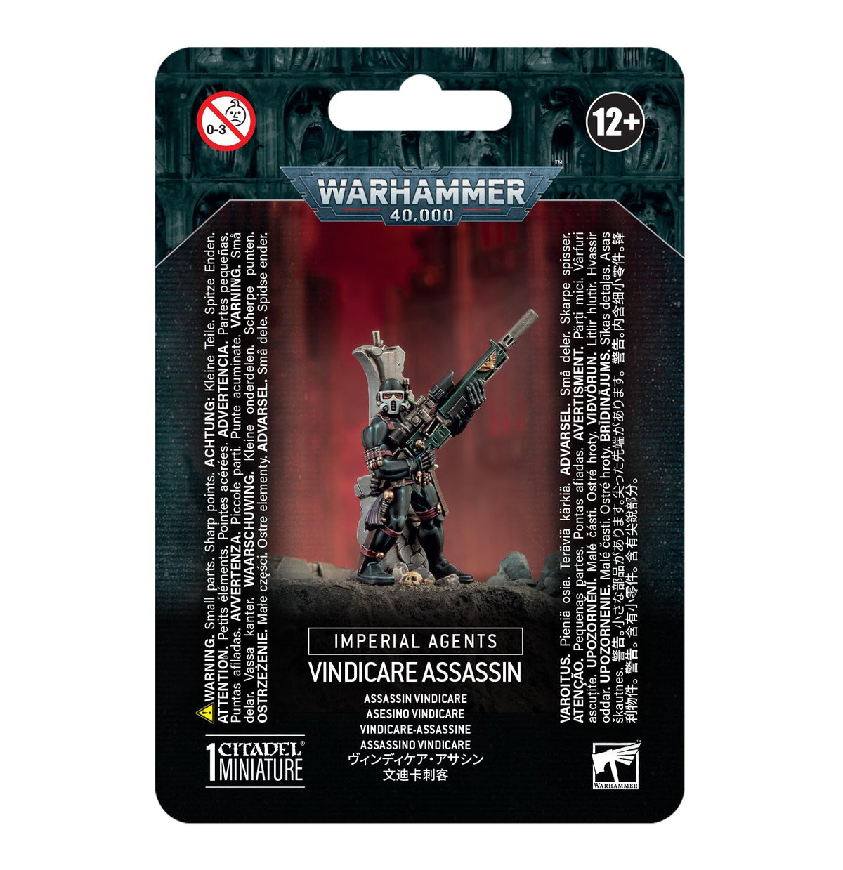 Games Workshop Vindicare Assassin front view for tabletop display and painting reference.