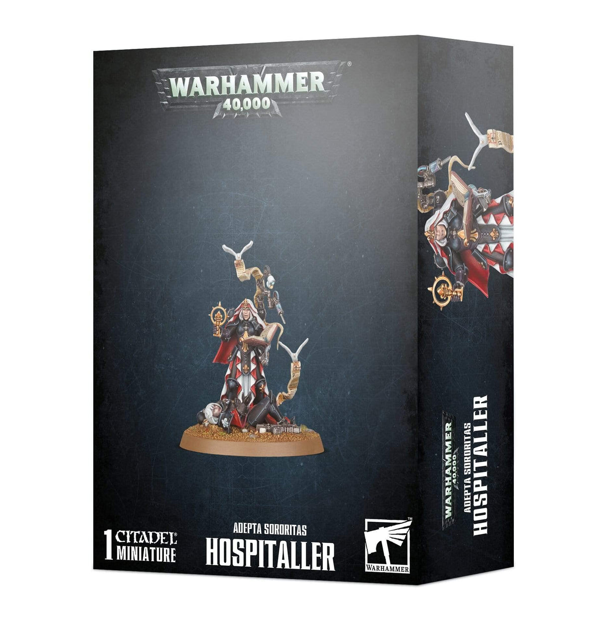 Games Workshop Warhammer 40,000 Adepta Sororitas Hospitaller front view highlights detailed plastic miniature for painting