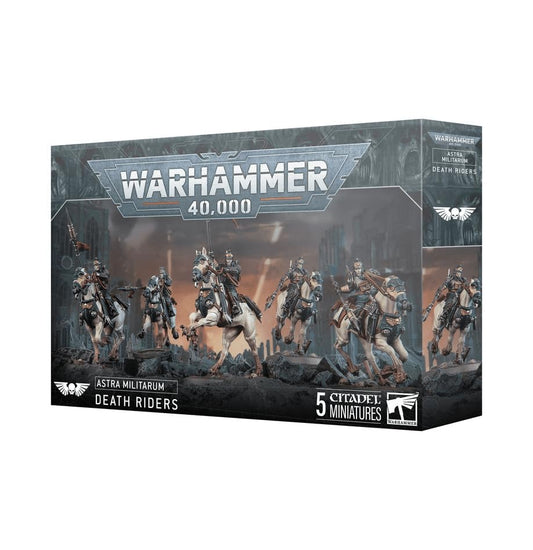Games Workshop Astra Militarum Death Riders with varied weapons, showcasing customization options and dynamic poses.