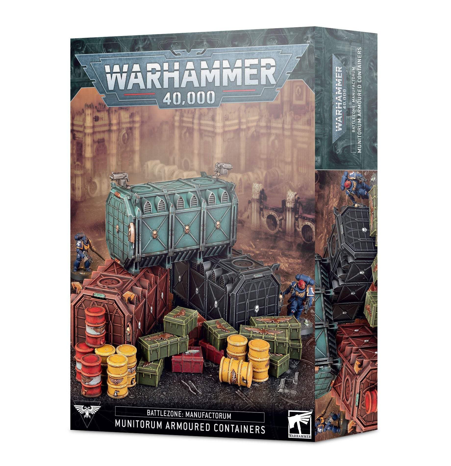 Games Workshop Battlezone Manufactorum Armoured Containers on a 28mm table, providing modular cover and tactical terrain