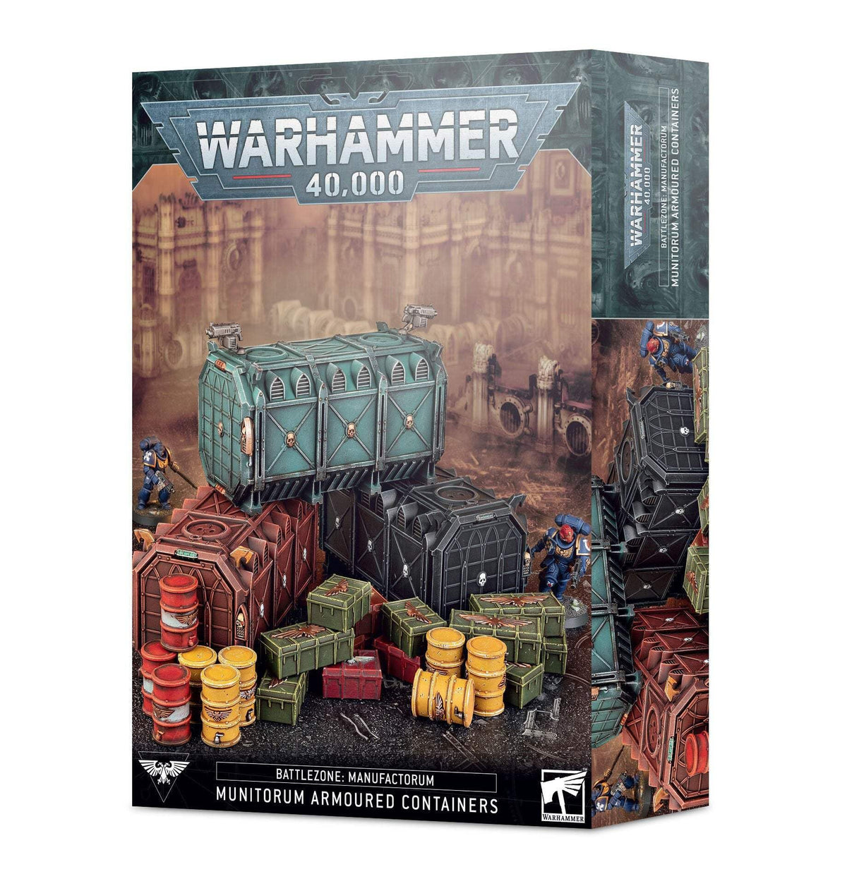 Games Workshop Battlezone Manufactorum Armoured Containers on a 28mm table, providing modular cover and tactical terrain