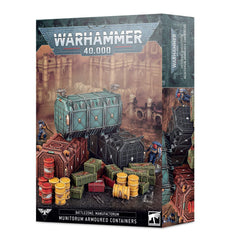 Games Workshop Battlezone Manufactorum Armoured Containers on a 28mm table, providing modular cover and tactical terrain