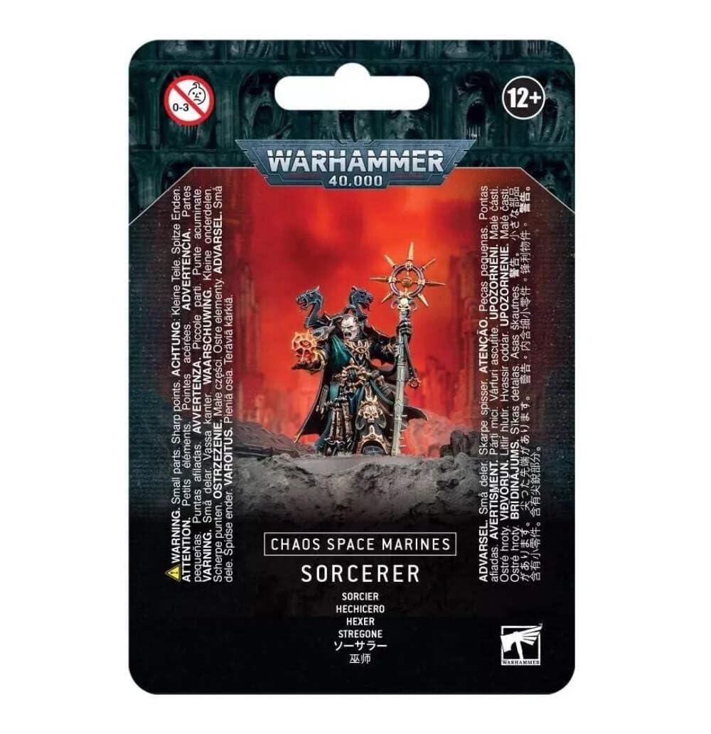 Games Workshop Chaos Space Marines Sorcerer mini with force stave, ready for tabletop battles