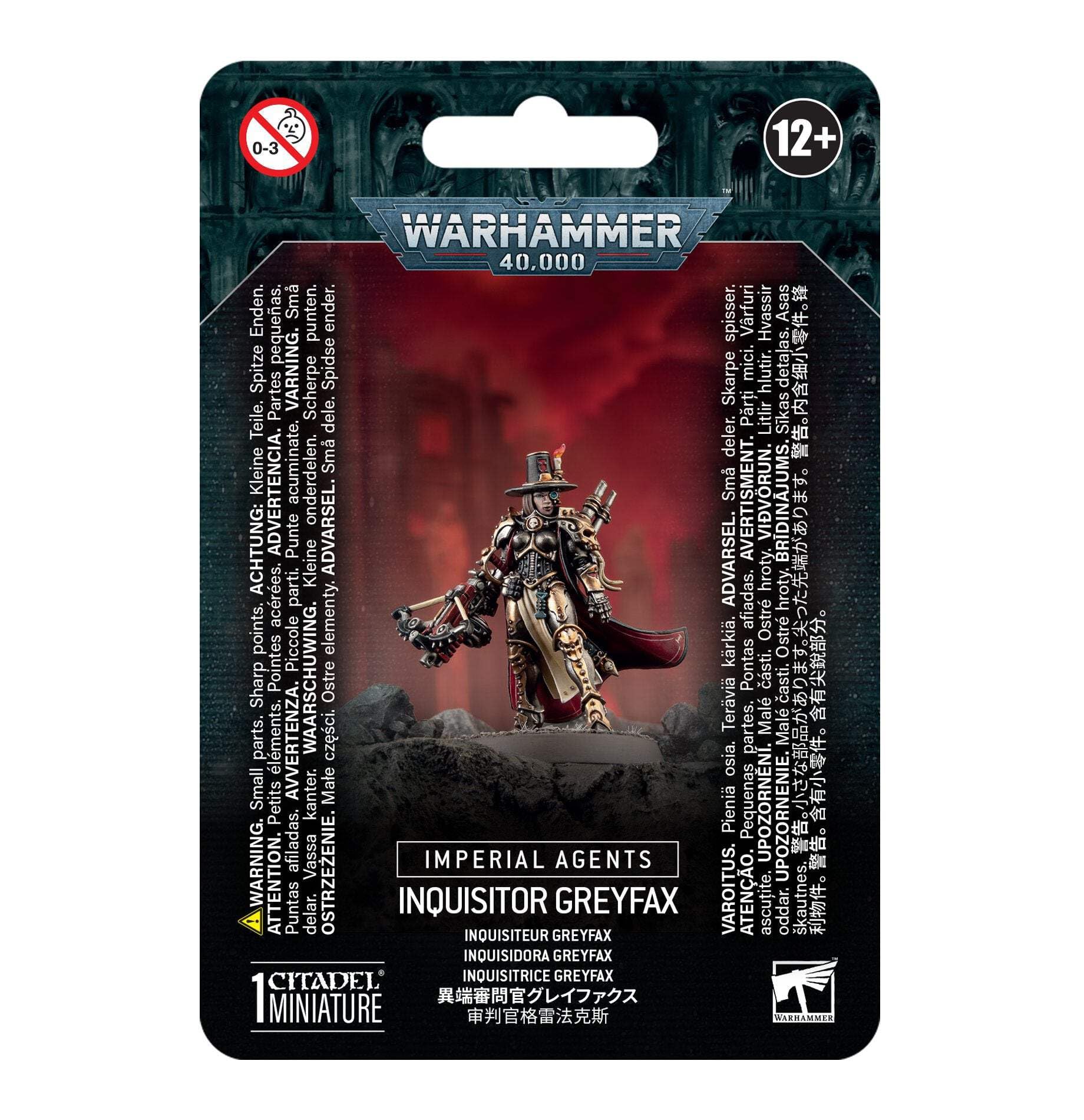 Games Workshop Inquisitor Greyfax model in dynamic pose for painting.