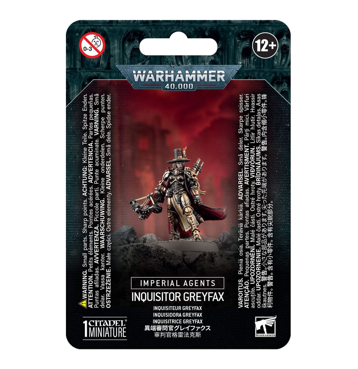 Games Workshop Inquisitor Greyfax model in dynamic pose for painting.