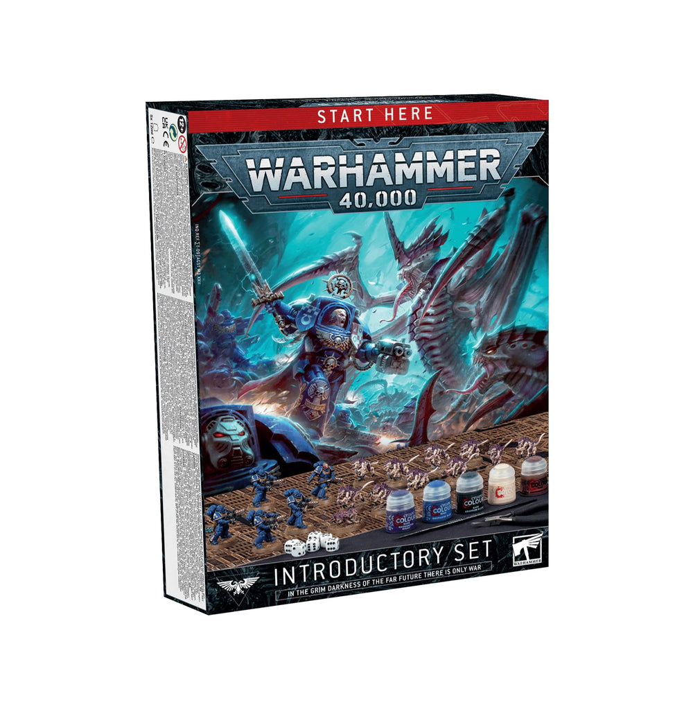 Games Workshop Warhammer 40,000 Introductory Set packshot with Space Marines and Tyranids miniatures ready for assembling