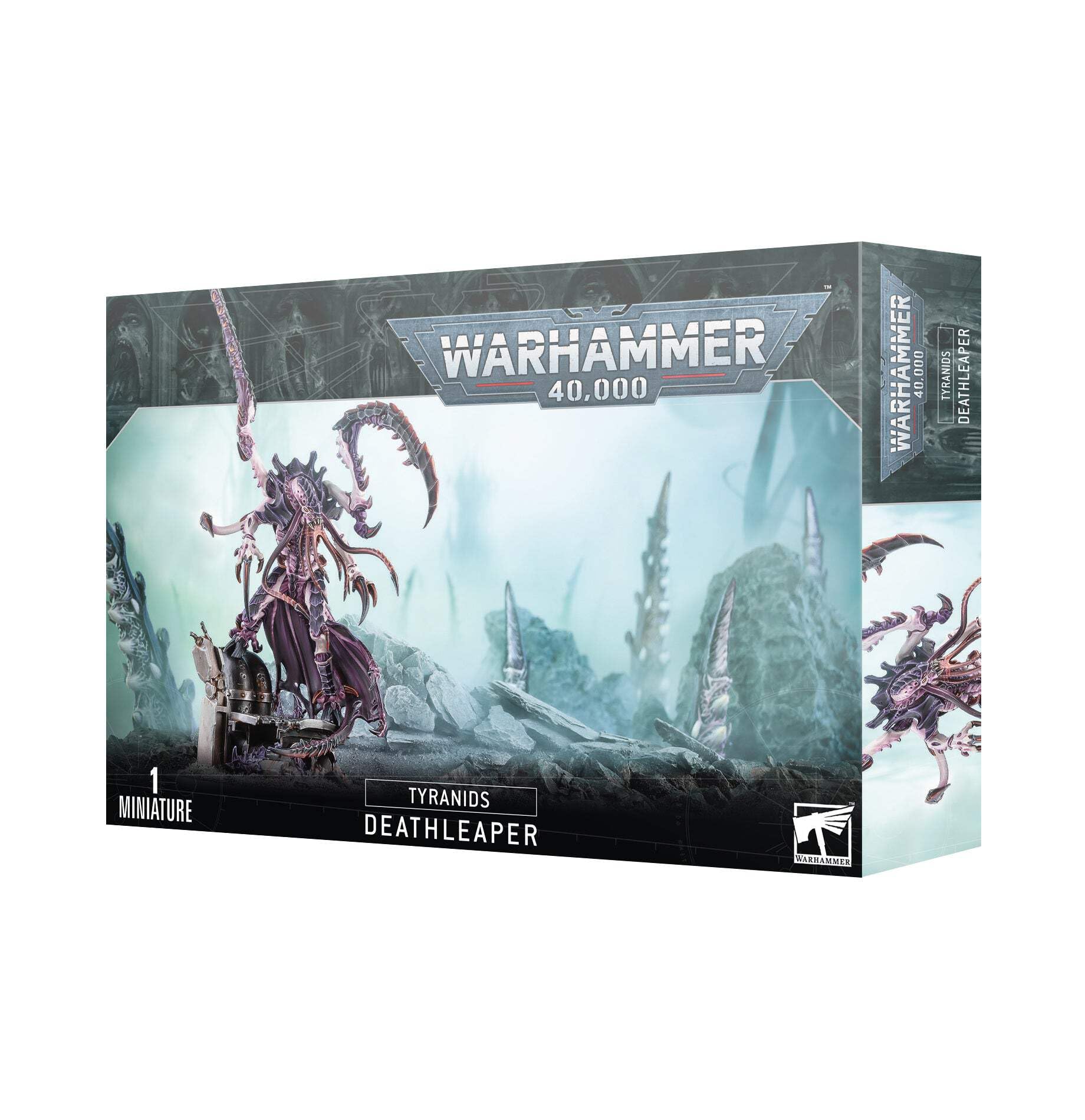 Games Workshop Deathleaper perched over wreckage with menacing talons, striking centerpiece for Tyranid armies.