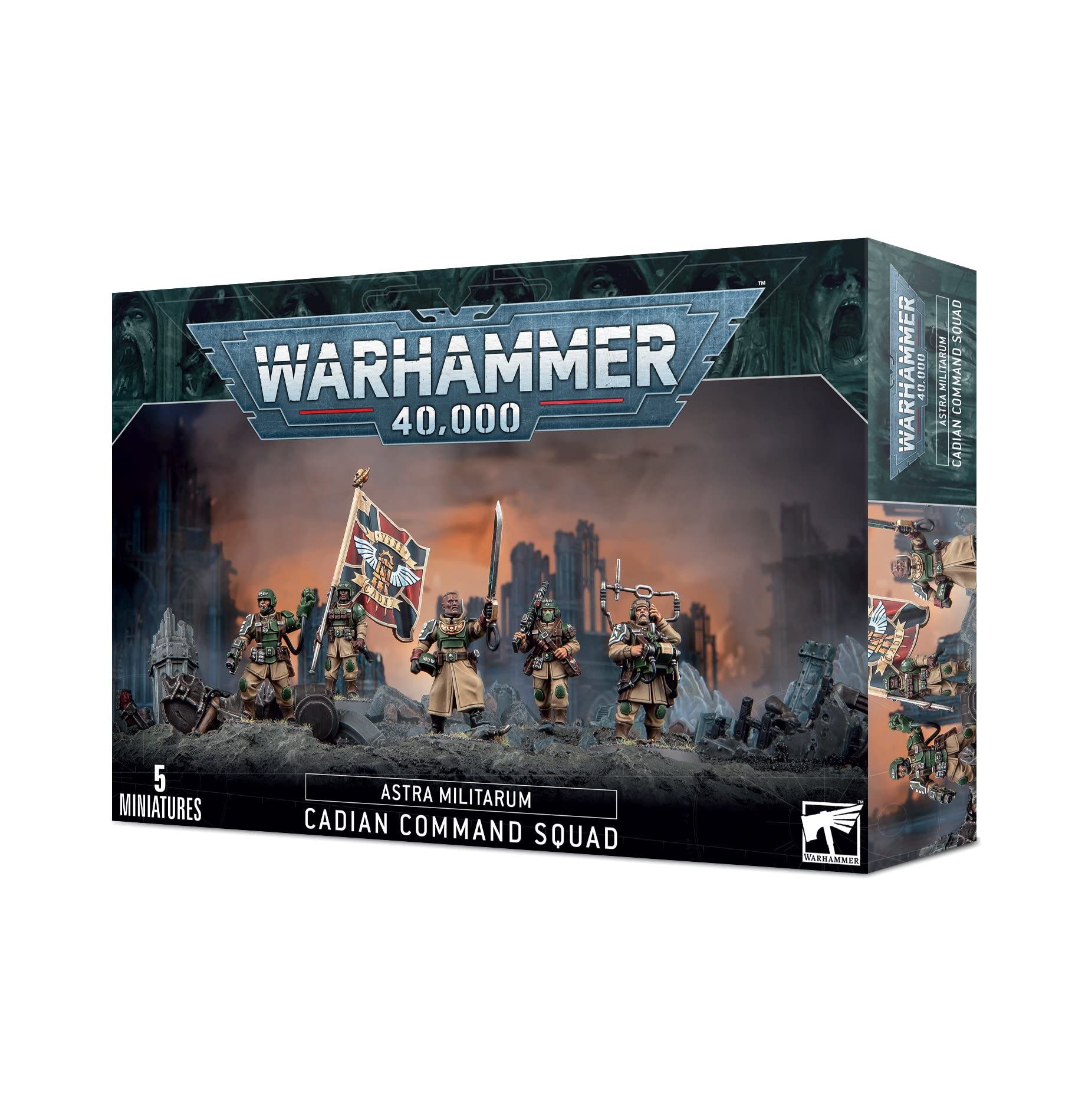 Games Workshop Warhammer 40k Cadian Command Squad miniature assembly for tabletop battles and display.