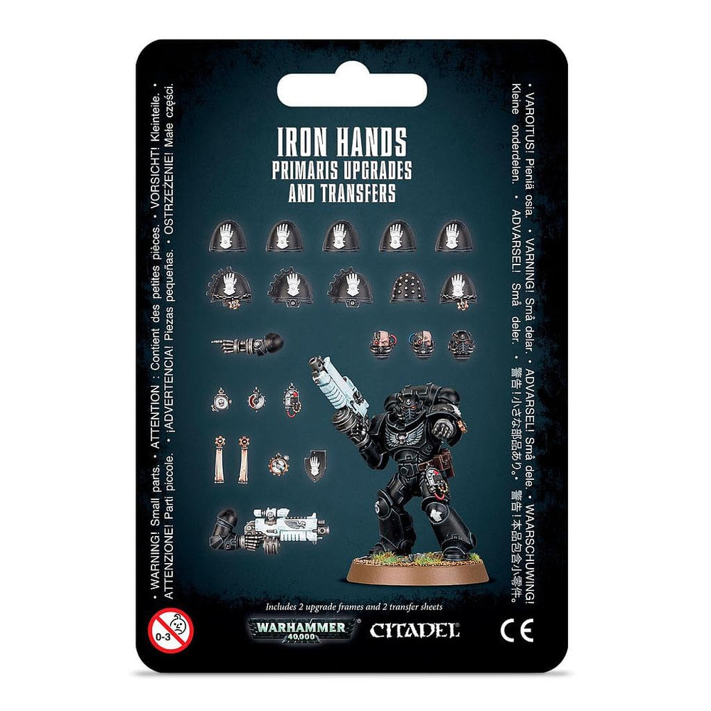 Games Workshop Iron Hands Primaris upgrades kit with shoulder pads, heads, and transfers for customized Space Marines.