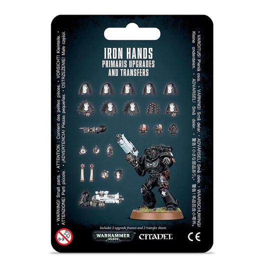 Games Workshop Iron Hands Primaris upgrades kit with shoulder pads, heads, and transfers for customized Space Marines.