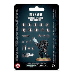 Games Workshop Iron Hands Primaris upgrades kit with shoulder pads, heads, and transfers for customized Space Marines.
