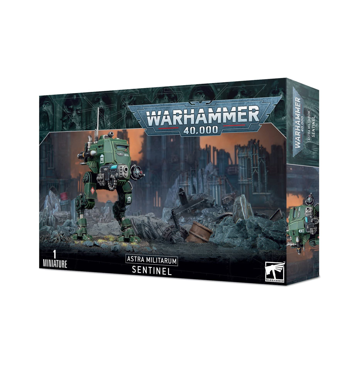 Games Workshop Warhammer 40K Sentinel assembly shows customizable stance and weapon options for versatile play.