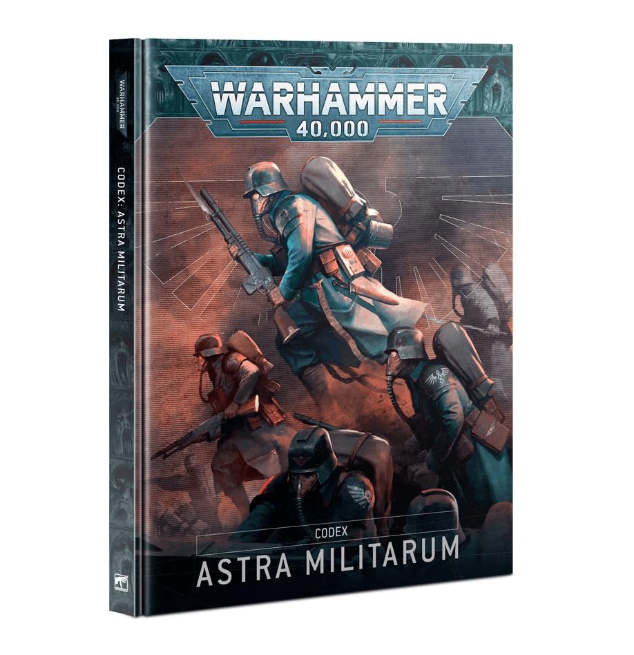 Games Workshop Warhammer 40k Codex Astra Militarum interior pages illustrate lore and battle-ready data.