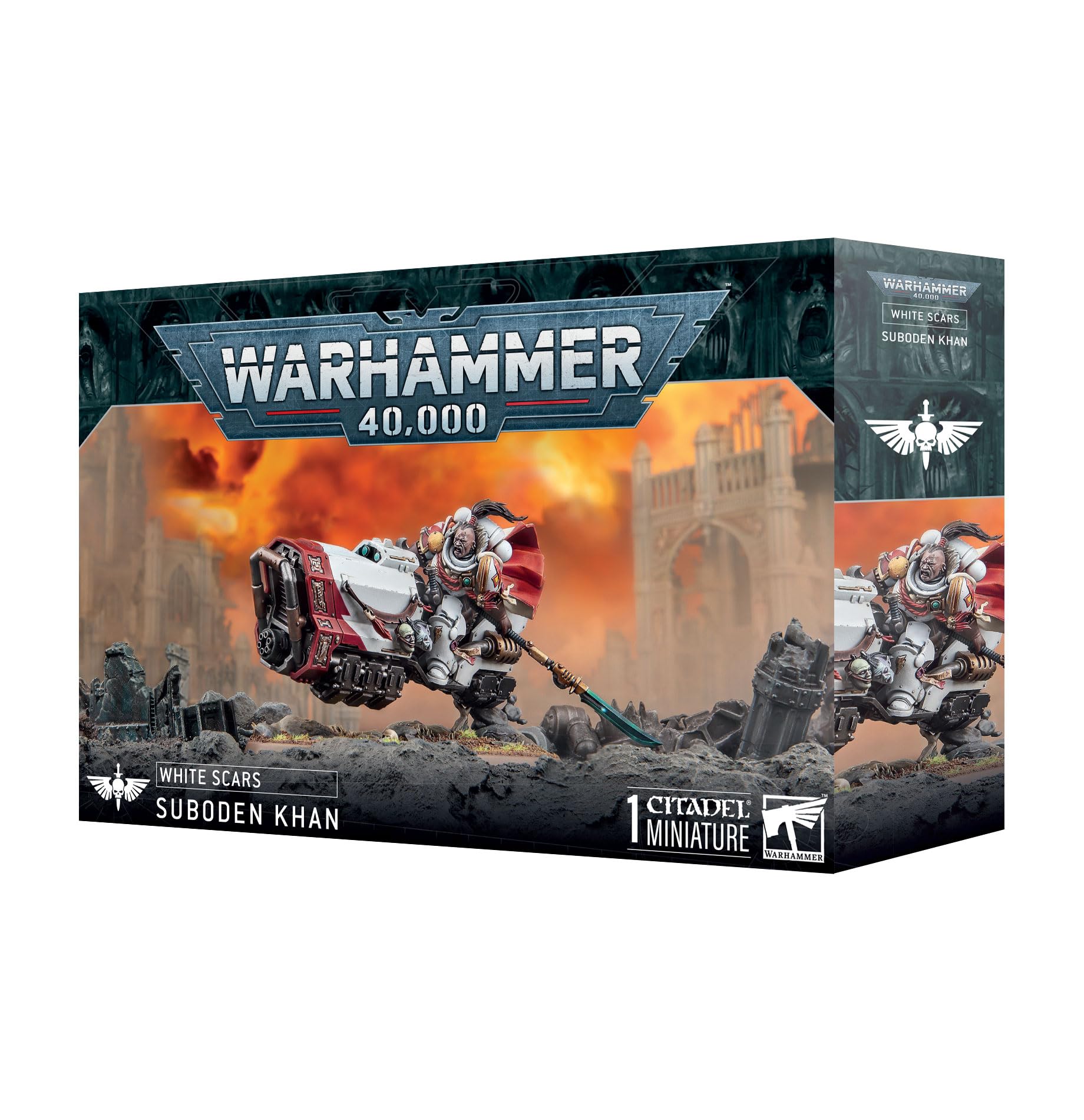Games Workshop White Scars Suboden Khan miniature on a grav bike, ideal for White Scars battles.