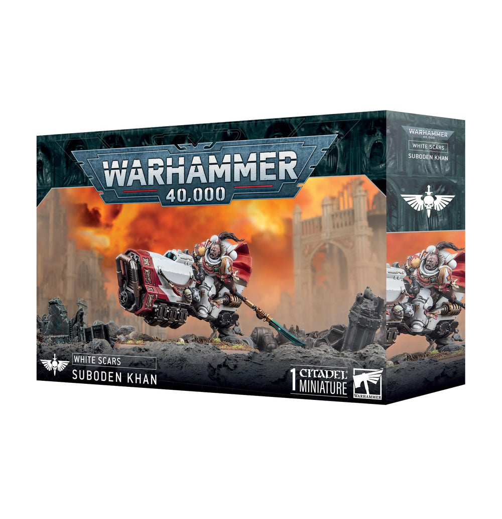 Games Workshop White Scars Suboden Khan miniature on a grav bike, ideal for White Scars battles.