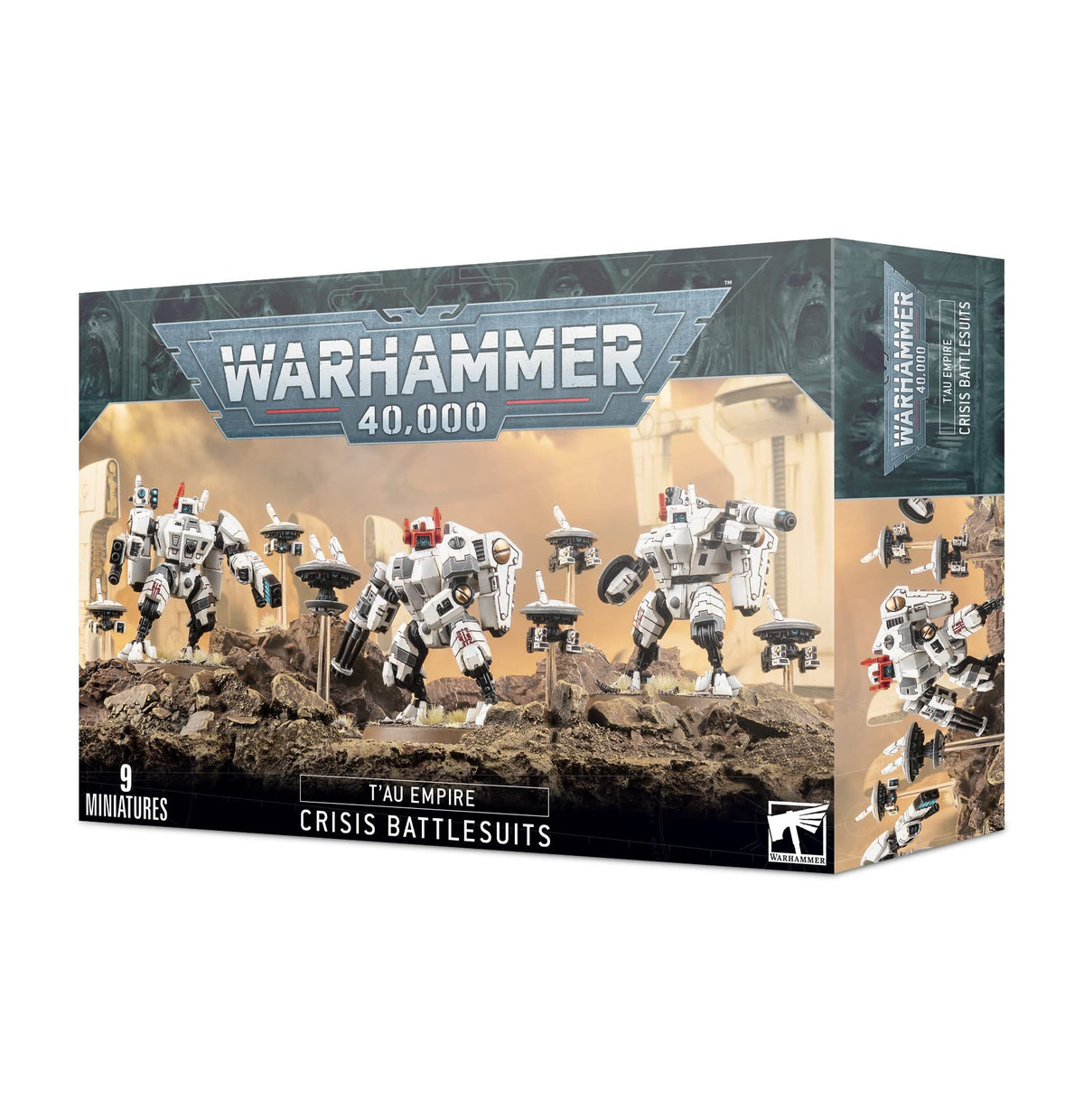Games Workshop XV8 Crisis Battlesuit Team ready for tabletop battles with drones.