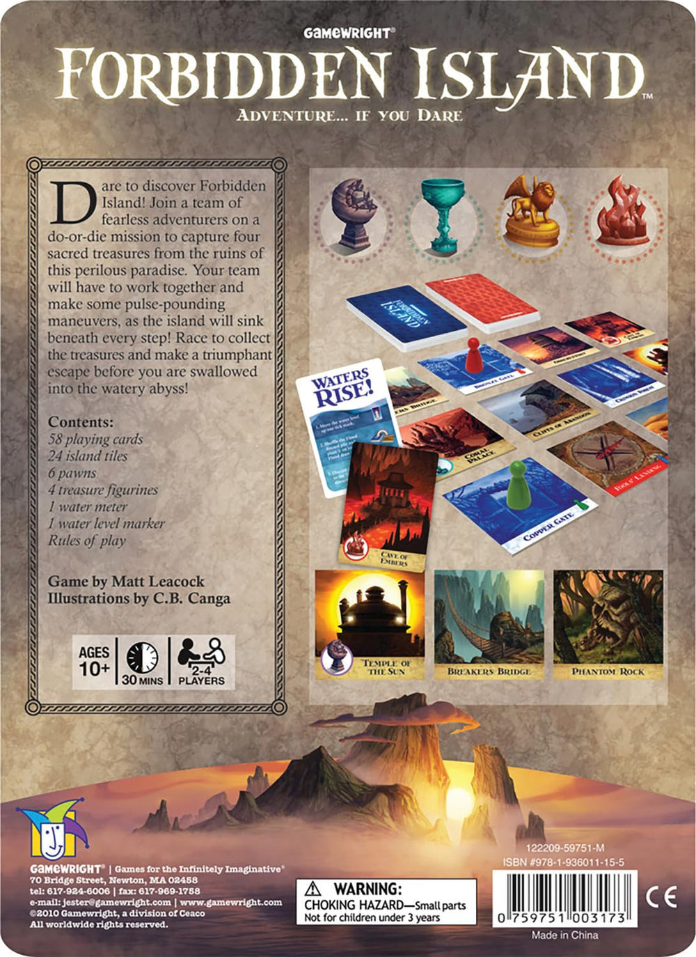 Gamewright Forbidden Island pawns navigate treacherous map during teamwork.