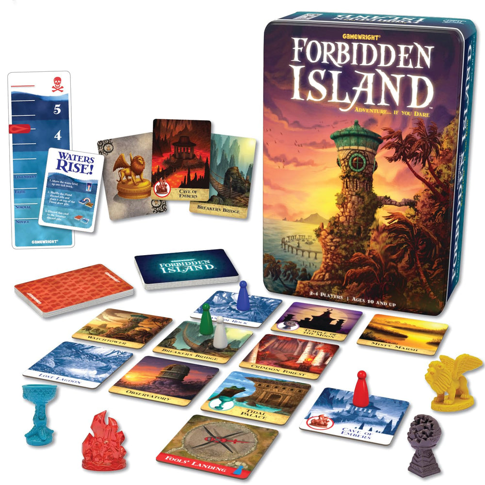 Gamewright Forbidden Island treasures on the table inspire teamwork and strategic treasure hunt.