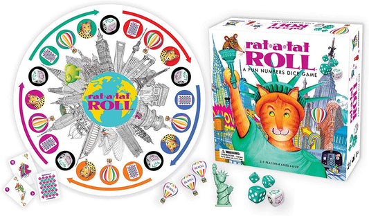 Gamewright Rat-A-Tat Roll dice in action on the game board for fast-paced family fun