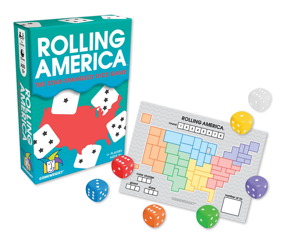 Gamewright Rolling America map and colorful dice ready for fast, simultaneous play.