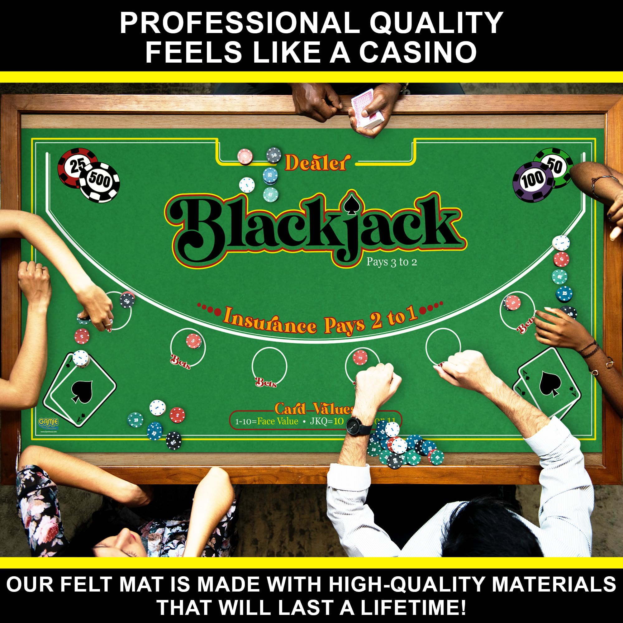 Gamie Blackjack layout side close-up on durable felt surface