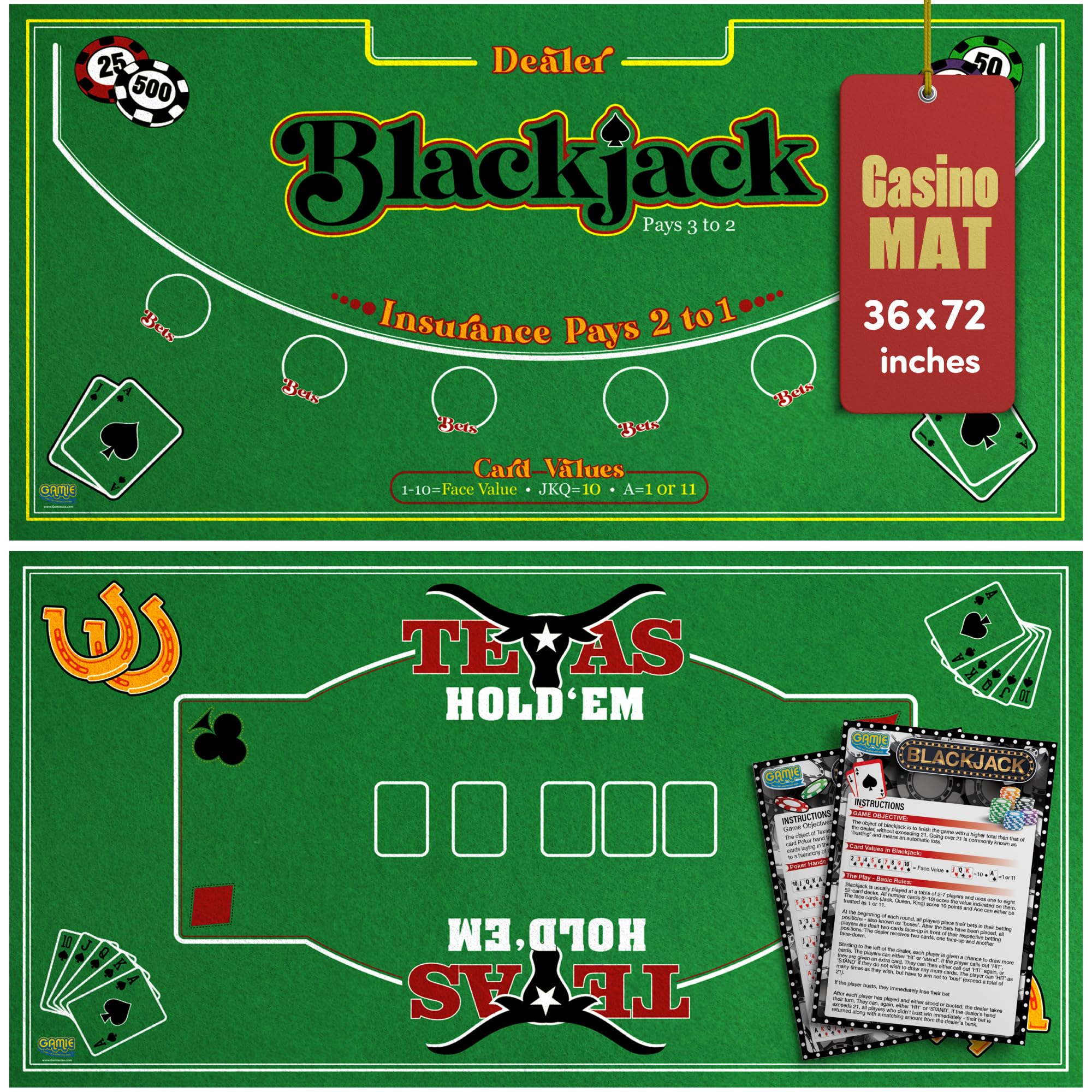 Gamie double-sided casino mat shows Texas Hold’em layout for home games