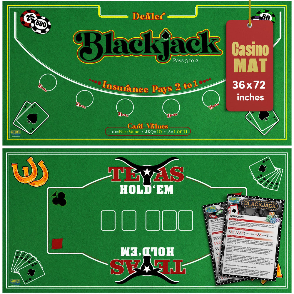 Gamie double-sided casino mat shows Texas Hold’em layout for home games