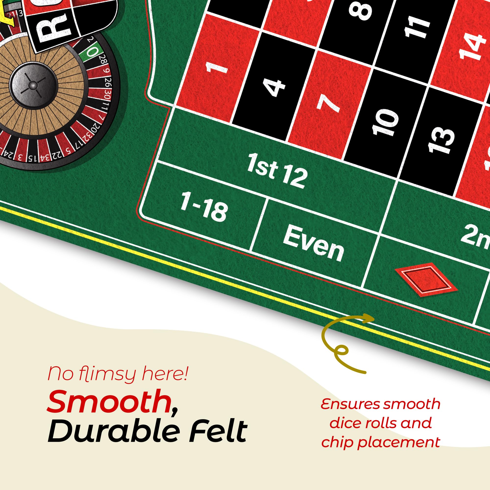 Gamie premium felt table surface reduces creases for a smooth gaming area
