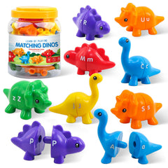 Ganaj dinosaur alphabet set, front view, 13 colorful dinos aiding early letter recognition.